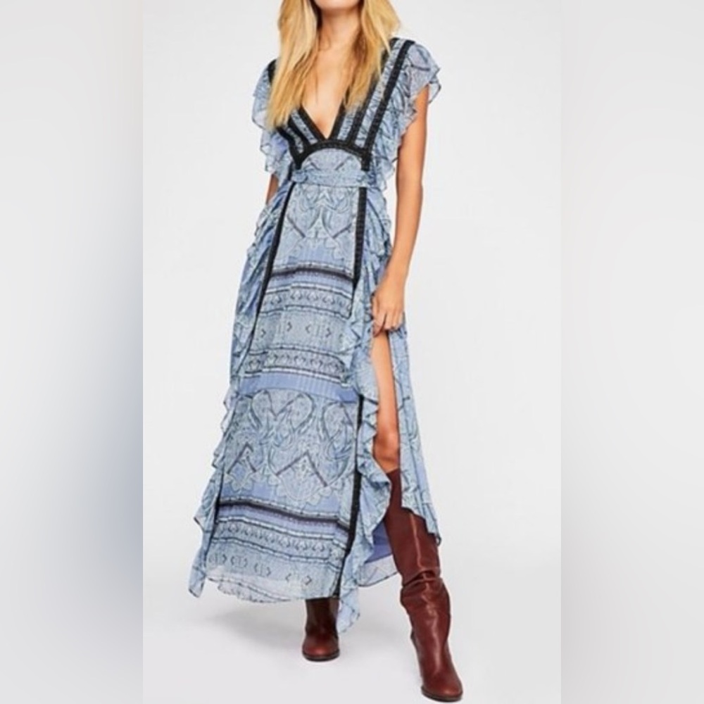 Free People Spellbound V Neck Ruffle Double Slit Maxi Dress Blue/Black/XS